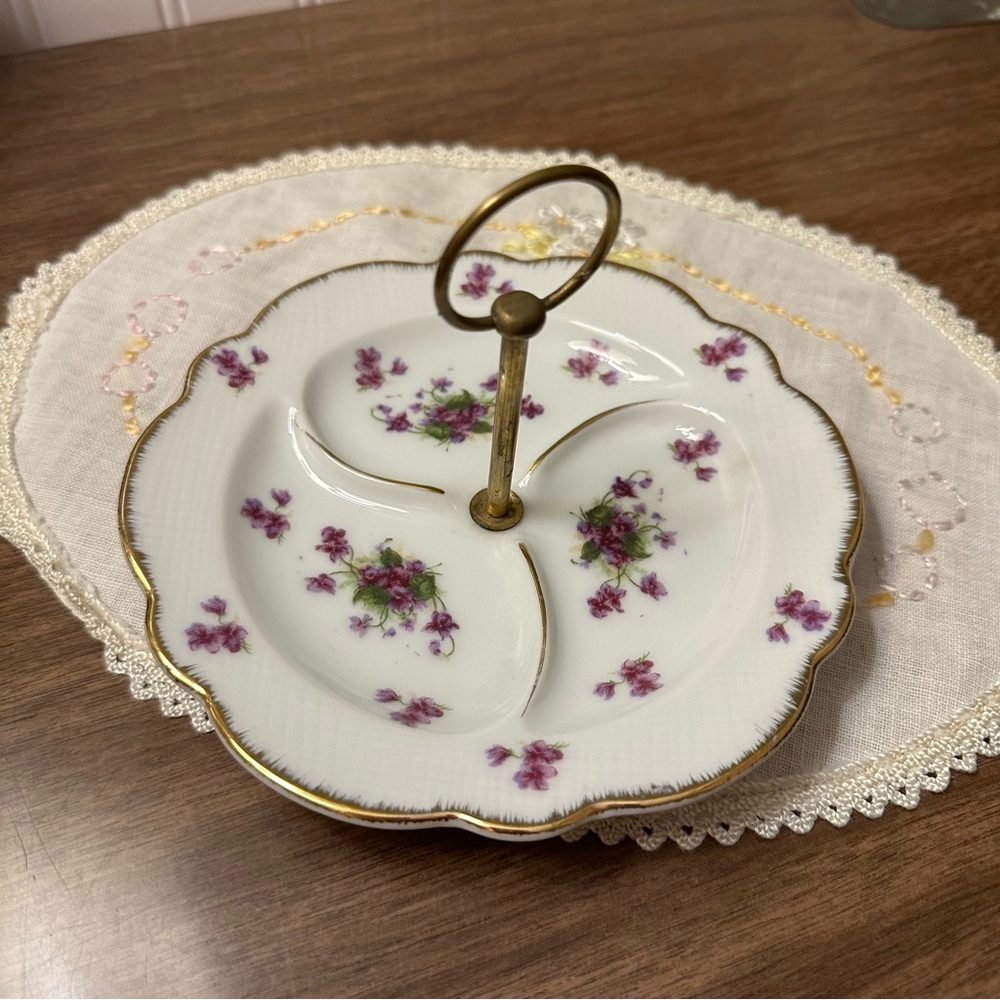Vintage Lefton China Purple Chintz Violets Hand Painted Bon Bon Tray 6" Gold Rim